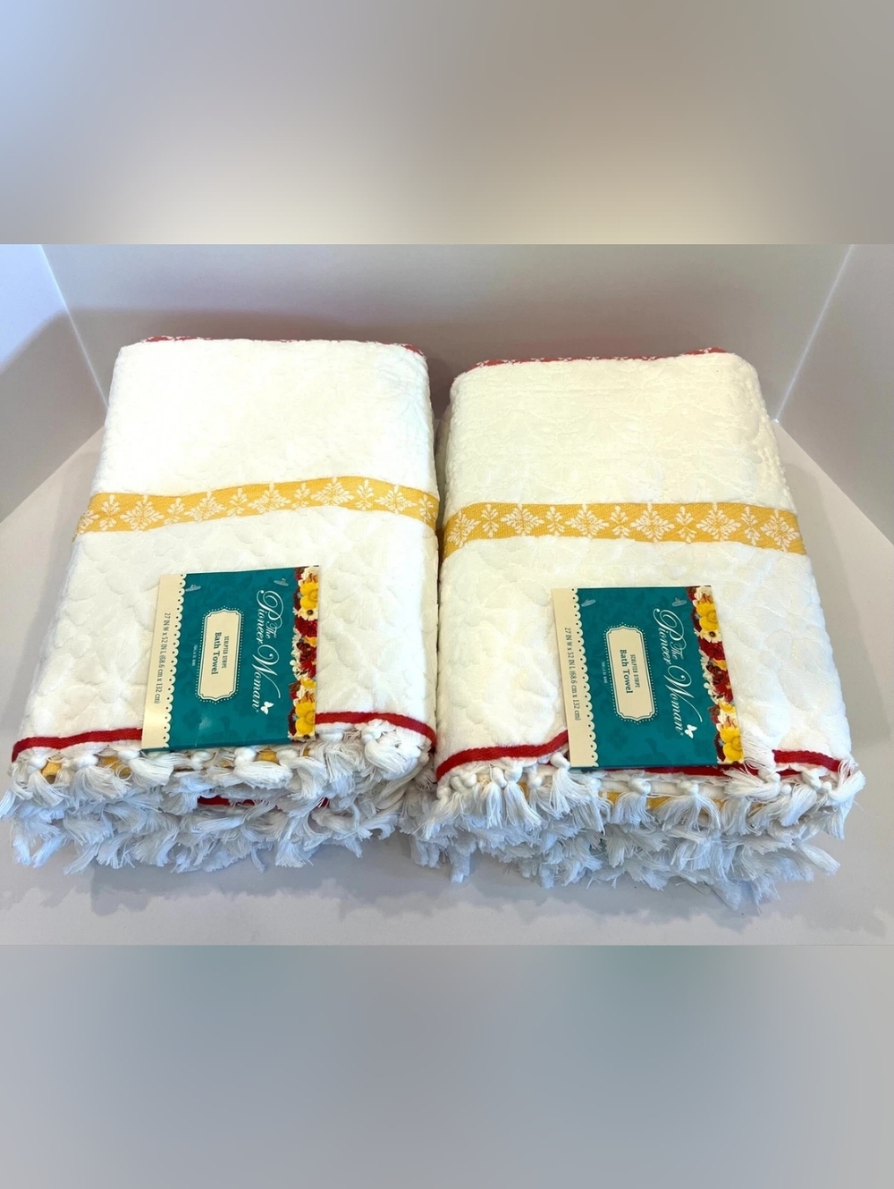 The Pioneer Woman White Bath Towels with Yellow Band and Red Trim